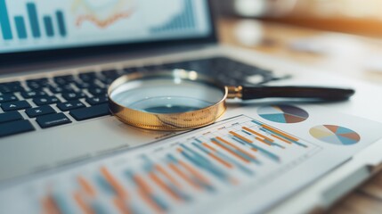 Data Under Scrutiny: A golden magnifying glass rests atop financial reports and charts displayed on a laptop, symbolizing meticulous analysis and strategic decision-making in the business world. 