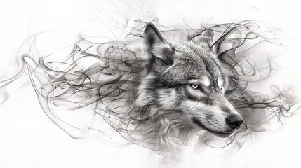 Wall Mural -   A line-art depiction of a wolf's head with numerous lines extending from its facial features