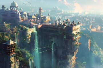 Poster - Fantasy Cityscape with Waterfall and Domes.