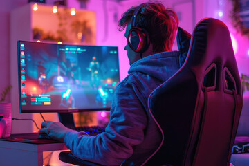 young man gaming with computer in room with neon lights and streaming online