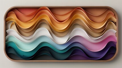 Wall Mural -   A wooden tray featuring a multicolored wave pattern on its base rests against a white wall, with another white wall positioned behind it