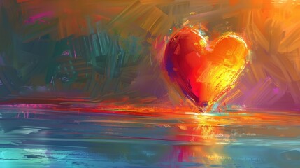 Poster - Create a digital painting of a heart glowing with vibrant colors against a serene backdrop. How does the artwork convey emotions of love and happiness