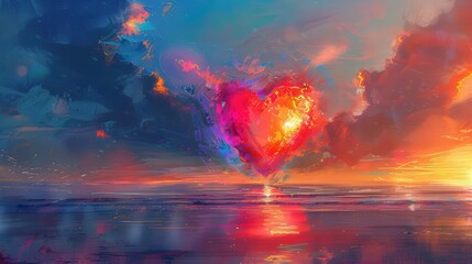 Poster - Create a digital painting of a heart glowing with vibrant colors against a serene backdrop. How does the artwork convey emotions of love and happiness
