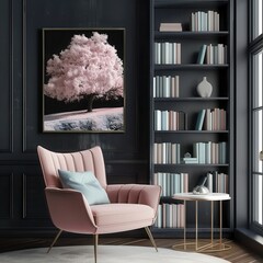 Poster - Elegant interior featuring a pink chair and a stunning pink tree artwork, creating a serene and stylish atmosphere.