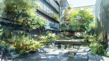 Fototapete - Create a series of architectural sketches illustrating the principles of biophilic design in urban construction.