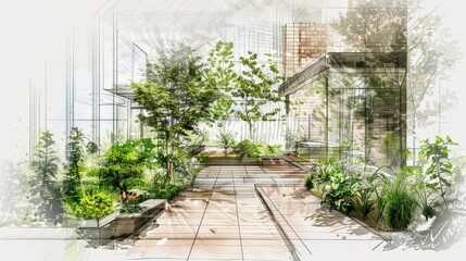 Fototapete - Create a series of architectural sketches illustrating the principles of biophilic design in urban construction. 
