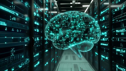 Wall Mural - A digital composite image of a circuit board pattern surrounding a brain is set against a server room background symbolizing concepts of artificial intelligence networking technology