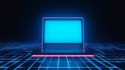 A portable neon computer with a blank screen sits on a desk in a dark room with blue lighting This striking image of a laptop with neon blue light on a digital grid represents cuttingedge