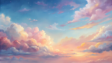 Poster - A breathtaking view of layered clouds illuminated by the warm colors of sunset, creating a tranquil and calming atmosphere