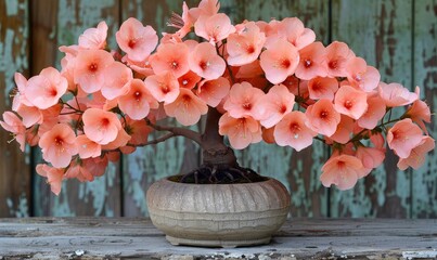 Wall Mural - A Bonsai in the style with the vibrant flowers, set against a neutral backdrop