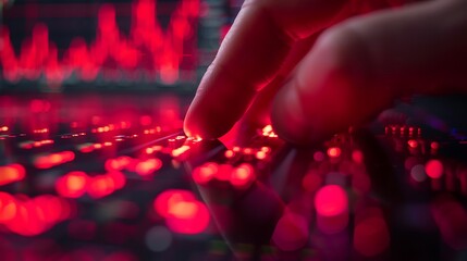 A close-up of a finger about to press the sell button on a modern stock trading interface, red downward-trending graphs in the background, fingers in focus, vivid display, realistic lighting,