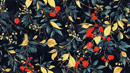 Poster - A vibrant floral pattern with yellow and green leaves on a dark background