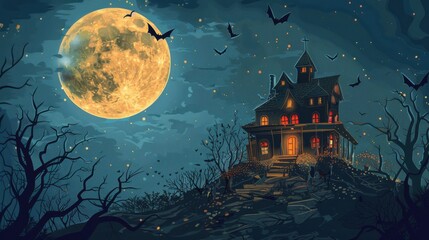 An old, spooky house on top of a hill with a full moon