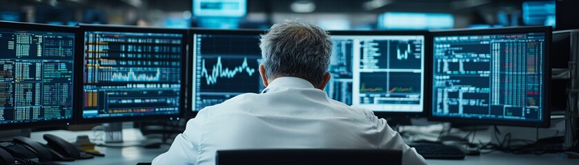 Poster - A documentary-style photograph capturing the intense atmosphere of a trading floor, where risk management is crucial to decision-making amidst the fast-paced environment of the stock market. Traders