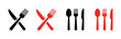 © d4_dsgns - Fork, knife, plate and spoon. Menu symbol. Restaurant icon. Food, plate, fork, knife, spoon, cutlery icon set. Vector