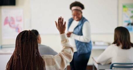 Aufkleber - Hand, question and student in college, education and preparing for exam with teacher, learning and classroom. Answer, person and arm up for feedback of professor, knowledge or listening in university