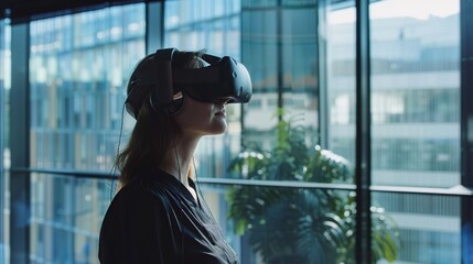 a woman wearing a headset in an office setting with a window in the background and a glass wall. copy space for text.