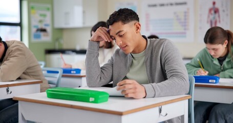 Aufkleber - Confused, student and writing for test in class for university exams, project and academic assignment. Man, remember and brainstorm for learning, homework and education with development in classroom