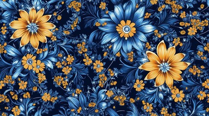 Canvas Print - Intricate Blue and Yellow Floral Pattern