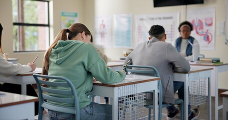 Poster - Back, education or girl in high school for exam, lesson or biology assessment. Questionnaire, writing or students at desk for quiz, learning evaluation or concentration for knowledge and development