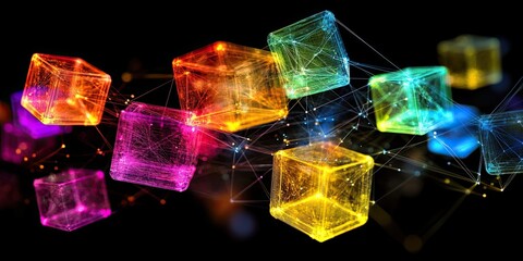 Poster - multicolored cubes connected by luminous lines against a dark background