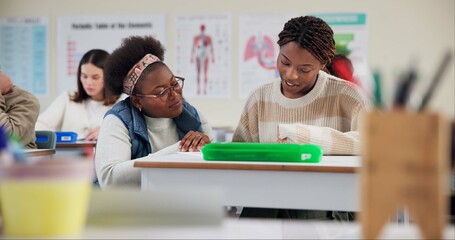 Poster - Student, question and writing for test in class for university exams, project and academic assignment. Girl, explain and brainstorm for learning, homework and education with development in classroom