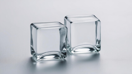 Two transparent ice cubes rest on smooth white surface, showcasing clarity and shape