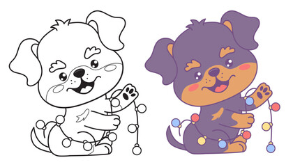 Wall Mural - Cute coloring book. Happy dog Rottweiler with festive garland. Holiday cartoon kawaii character animal. Color and line drawing. Vector illustration. Kids collection. Isolated funny puppy