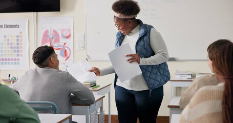 Aufkleber - Education, teacher and papers with grades in high school, biology and lesson for learning and development. Female person, classroom and presentation for feedback, results or science project by pupils