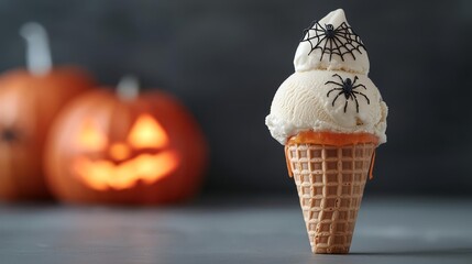 Ice cream cone shaped like a Halloween pumpkin with spider web decorations, ice cream halloween pumpkin, eerie treat