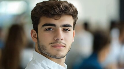 Wall Mural - Close-up Portrait of a Young Man with Short Brown Hair and a White Shirt