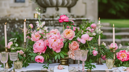 Wedding decoration with peonies, floral decor and event celebration, peony flowers and wedding ceremony in the garden, English country style