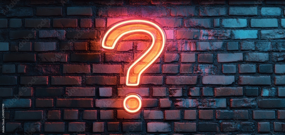 A vibrant neon question mark sign glowing against a textured brick wall ...