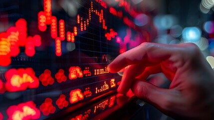 A hand urgently pressing the sell button on a stock market screen filled with chaotic red arrows and declining graphs, fingers in focus, vibrant display, realistic lighting, clear button details,