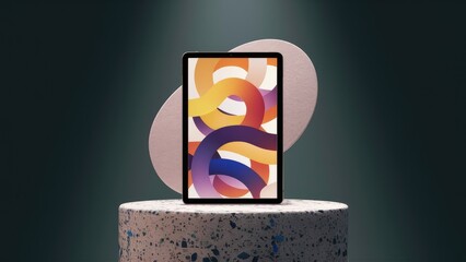 Poster - Digital tablet mockup displayed on a terrazzo pedestal against a dark gradient background showcasing web presentation concept 3D rendering