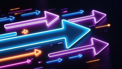 Fototapete - Vibrant animated neon blue and purple arrows on a dark backdrop Glowing neon arrows highlighted against a black canvas Dynamic neon arrow design on a dark background