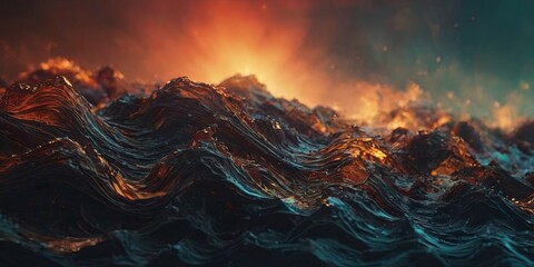 Poster - A large body of water with a bright orange sun in the background