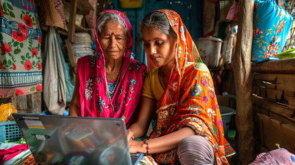 Wall Mural - Poor indian women using laptop.