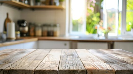 Wall Mural - Scandinavian style kitchen with wooden table and blurred background