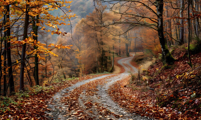 Sticker - Winding gravel path through a misty autumn forest.