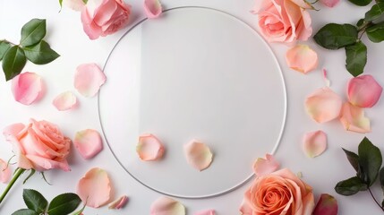 Display products in empty space with acrylic circle, decorated with roses and ribbons on white backdrop.