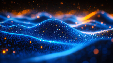 Poster - Dynamic Digital Landscape with Blue and Orange Dots, Abstract Technology-Themed Background Illustrating Data Flow and Virtual Waves in a Futuristic, High-Tech Setting