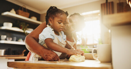 Poster - African woman, child and teaching with cooking, skills and nutrition as parents in home for education. Mother, kid and learning for youth development, growth and kitchen counter as family in bonding