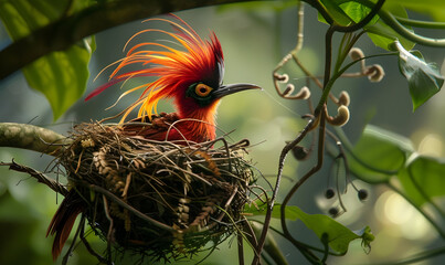 Sticker - A vibrant red bird with a magnificent crest sits in its nest.