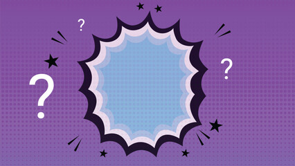 comic background with dot halftone question marks and stars. Cartoon vector Illustration on purple pop art style on purple background.