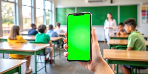 Young employee using mobile phone with green screen, showing isolated copyspace display on smartphone. Male store assistant holding blank chroma key mockup template in boutique. Close up.
