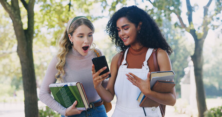 Aufkleber - Wow, park or women with smartphone in university for learning application, fake news or higher education. Social media, surprise or shocked students with academic registration or scholarship results