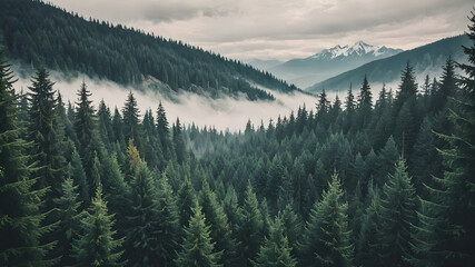 Landscape: misty forest in retro-vintage style and trees in a foggy environment.