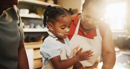 Poster - Mother, daughter and teaching with baking, kitchen counter or motor skills in home for education or care. Black woman, kid and cooking for child development, growth and nutrition as family in bonding