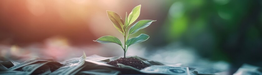 A small plant growing from a pile of money, symbolizing investment and growth in financial success and nature.